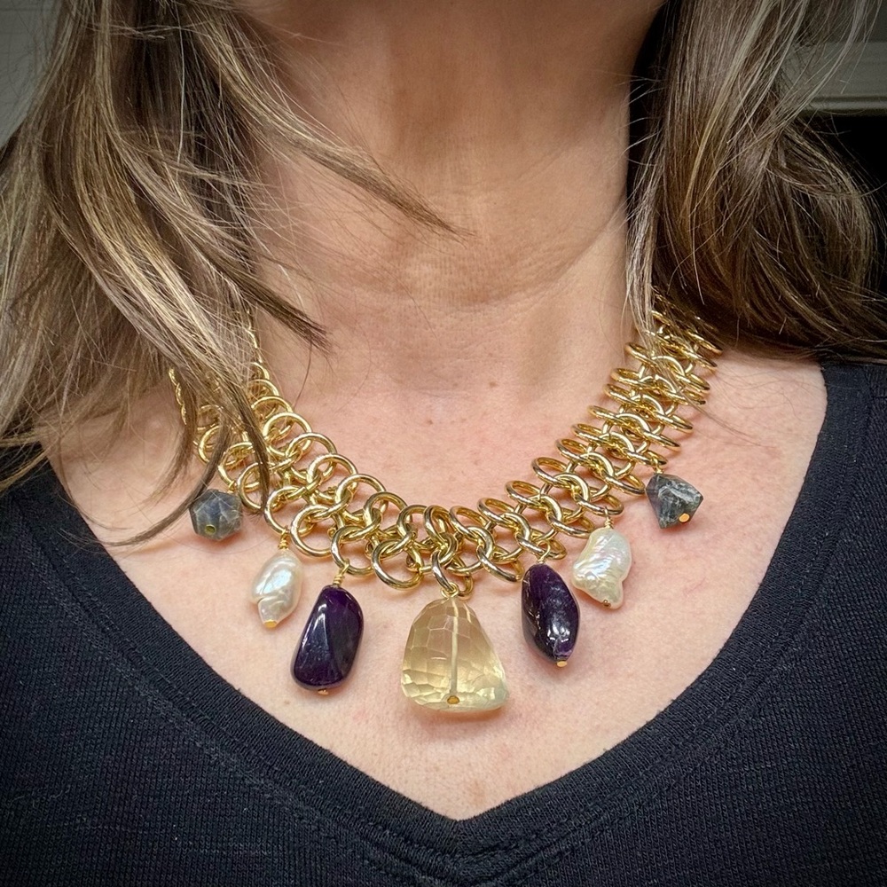 Vintage Gold Tone Chain Necklace with Stone Drops Amethyst Pearl Labradorite